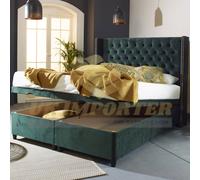 (King (without Mattress), Grey Plush) Divan Ottoman Bed Winged Back Plush Velvet 54" Headboard