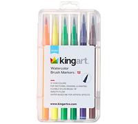 KINGART 'Watercolor-Effect' Brush Markers, 12 Colors - Brightly Colored Markers, Journaling, Lettering, Kids and Adult Coloring Books, and More, Comes with Durable and Convenient Carrying Case