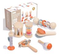 Kingbar 7 Pcs Wooden Kids Musical Instruments, Rainmaker Trumpet Cage Rattles Three-ring Rattle Maracas Castanets, Montessori Musical Enlightenment Toys, 7 PCS