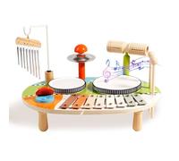 Kingbar Wooden Kids Drum Kit, 6 In 1 Musical Percussion Instruments Toys, Music Table, Baby Xylophone Wind Chimes Castanets, Montessori Sensory Educational Toys, B