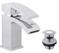 KINGBATH™ Single Lever Mini Mono Basin Mixer Tap with Click Clack Sprung Waste Bathroom Sink Hot and Cold Faucet Solid Brass Modern Chrome Easy to Fit/Install Chrome Plated