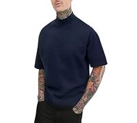 KINGBEGA Men Regular Fit Basic Lightweight Long Sleeve Pullover Top Mock Turtleneck T-Shirt, Navy Blue Short Sleeve, S