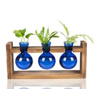 Kingbuy Glass Plant Terrarium Propagation Station - 3 Bulb Colored Vases with Retro Wood Stand Indoor Garden Planter - Wall Mounted & Desktop Decor for Home Kitchen Wedding, Gift for Plant Lover, Blue