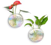 Kingbuy Wall Hanging Glass Planters Propagation Station - 2 Pack Iridescent Oblate Globe Flower Vases for Air Plants, Glass Terrariums with Floating Holders, Boho Indoor Hydroponic Home Office Decor