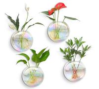Kingbuy Wall Hanging Glass Planters Propagation Station - 4 Pack Iridescent Oblate Globe Flower Vases for Air Plants, Glass Terrariums with Floating Holders, Boho Indoor Hydroponic Home Office Decor