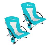 KingCamp Set of 2 Low Folding Beach Chair, Up to 180 kg, Lightweight Portable Beach Chairs with Mesh Back, Padded Armrest, Cup Holder & Carry Bag, Foldable Camping Chair, for Outdoor Garden Cyan