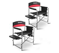 KingCamp Set of 2 Oversized Directors Camping Chairs for Adults, Up to 180 kg Heavy Duty Folding Directors Chair, Portable Outdoor Camping Chair with Side Table & Pockets, Padded Armrests, Red
