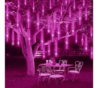 KINGCOO 240LED Solar Meteor Shower Lights Outdoor, Waterproof 30cm 10Tubes Falling Rain Cascading Icicle Decorative Lights String Remote Timer for Garden Wedding Party Christmas Decoration (Pink)