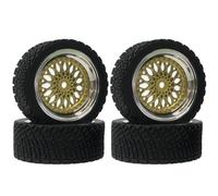 KINGCOO RC Car Tyres and Wheels Set, 4 Pieces 65 mm RC Rally Car Rubber Tyres, Plastic Coating Wheel Rims for 1/10 RC On-Road Rally Racing Car for Tamiya WR8 HPI HSP TT02 (Gold Silver)