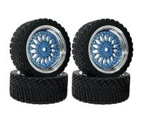 KINGCOO RC Car Tyres and Wheels Set, 4 Pieces 65 mm RC Rally Car Rubber Tyres, Plastic Coating Wheel Rims for 1/10 RC On-Road Rally Racing Car for Tamiya WR8 HPI HSP TT02 (Blue Silver)