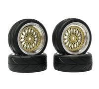 KINGCOO RC Car Tyres and Wheels Set, 4PCS 64mm Rubber Tires and Plastic Plating Wheel Rims 12mm Hex for 1/10 RC On Road Run-flating Touring Racing Drift Car (Gold/Silver, Offset:9MM)