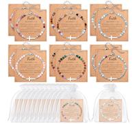 Kingdder 12 Set Cross Bracelets for Women Adjustable Natural Stone Cross Beads Bracelet Christian Gifts for Easter Basket Stuffers Baptism First Communion Faith Confirmation Birthday Gifts