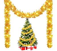 Kingdder 16.4 ft Christmas Tinsel Garland Lighted Metallic Twist Tree Decoration Prelit Battery Operated 50 LED Hanging Garland for Xmas New Year Home Outdoor Decor(Warm White, Gold)