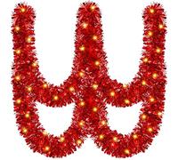 Kingdder 16.4 ft Christmas Tinsel Garland Lighted Metallic Twist Tree Decoration Prelit Battery Operated 50 LED Hanging Garland for Xmas New Year Home Outdoor Decor(Warm White, Red)
