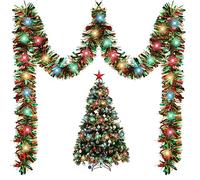 Kingdder 16.4 ft Christmas Tinsel Garland Lighted Metallic Twist Tree Decoration Prelit Battery Operated 50 LED Hanging Garland for Xmas New Year Home Outdoor Decor(Multicolor, Red and Green)