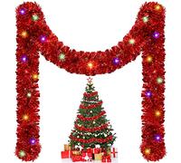 Kingdder 16.4 ft Christmas Tinsel Garland Lighted Metallic Twist Tree Decoration Prelit Battery Operated 50 LED Hanging Garland for Xmas New Year Home Outdoor Decor(Multicolor, Red)