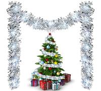 Kingdder 16.4 ft Christmas Tinsel Garland Lighted Metallic Twist Tree Decoration Prelit Battery Operated 50 LED Hanging Garland for Xmas New Year Home Outdoor Decor(White, Silver)