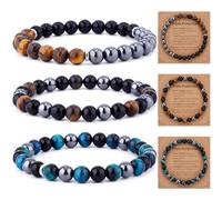 Kingdder 3 Pcs Men's Tiger Eye Bracelets 8mm Black Obsidian Hematite Tiger Eye Beaded Bracelets for Valentine's Holiday, 8 mm, natural black obsidian, hematite, and tiger's eye stone, no gemstone