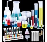 Kingdder 58 Pcs Plastic Beakers Set Include 6 Graduated Cylinder 7 Beakers 6 Flask 10 Droppers 1 Wash Bottle 20 Test Tubes with Rack 2 Brush 5 Funnel for Home Science Lab Party DIY