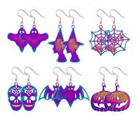Kingdder 6 Pairs Iridescent Halloween Earrings for Women Stainless Steel Spider Web Ghost Bat Skull Pumpkin Witch Charms Spooky Cute Jewelry for Girls Trick or Treat Summer Halloween Party Favors