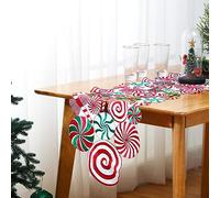 Kingdder Christmas Table Runner Embroidered Poinsettia Lollipop Candy Cane Table Runner Candy Table Mats for Kitchen Party Home Wedding Holiday, Red, White, Green, 70 x 15 Inches