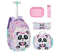 kingdisen Cartoon Rolling Backpack for Boys Girls, Kids 5 Pcs Wheeled Backpack, Travel Backpack for Elementary Students, Panda Purple, M, Casual