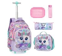kingdisen Cartoon Rolling Backpack for Boys Girls, Kids 5 Pcs Wheeled Backpack, Travel Backpack for Elementary Students, Cat Purple, M, Casual