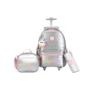 kingdisen Wheels Rolling Kids Backpack for Elementary Luggage School Trolley Bag with Lunch Box 3pc Set, Beautiful Silver, L, Playful Cute