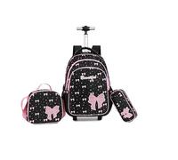 kingdisen Wheels Rolling Kids Backpack for Elementary Luggage School Trolley Bag with Lunch Box 3pc Set, Bowknot Black, L, Playful Cute