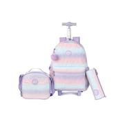 kingdisen Wheels Rolling Kids Backpack for Elementary Luggage School Trolley Bag with Lunch Box 3pc Set, Quilted Purple, L, Playful Cute