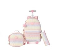 kingdisen Wheels Rolling Kids Backpack for Elementary Luggage School Trolley Bag with Lunch Box 3pc Set, Quilted Pink, L, Playful Cute