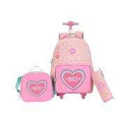 kingdisen Wheels Rolling Kids Backpack for Elementary Luggage School Trolley Bag with Lunch Box 3pc Set, Heart Pink, L, Playful Cute