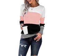 KINGFEN Ladies Jumper Long Sleeve T Shirts Crewneck Color Block Striped Pullover Oversized Patchwork Waffle Knit Tops Light Pink UK Size M