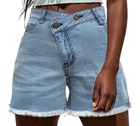 KINGFEN Women's Denim Shorts Criss Crossover Double Buttons Jean Shorts High Waisted Stretchy Casual Summer Hot Shorts Sky Blue UK Size 12