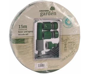 KINGFISHER 15M GREEN GARDEN HOSE AND PROFESSIONAL WATERING SRAY NOZZLE