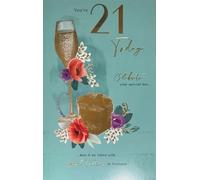 Kingfisher 21st Birthday Card with Champagne Glass, Gold Foil Gift Box, Floral Design, Special Day Message