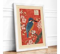Kingfisher and Plum Blossoms Japandi Framed Wall Art Print A4 (29.7×21cm) White, Wall Decor for Living Room, Bedroom, Office & Home, Ready to Hang, Art Gift
