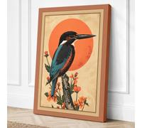 Kingfisher and Sun Japandi Canvas Wall Art Print 18x12 Inch (46 x 30 cm)