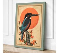 Kingfisher and Sun Japandi Canvas Wall Art Print 24x16 Inch