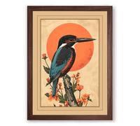 Kingfisher and Sun Japandi Framed Wall Art Print A1 (84.1×59.4cm) Walnut, Wall Decor for Living Room, Bedroom, Office & Home, Ready to Hang, Art Gift