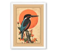 Kingfisher and Sun Japandi Framed Wall Art Print A2 (59.4×42cm) White, Wall Decor for Living Room, Bedroom, Office & Home, Ready to Hang, Art Gift