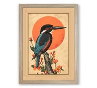 Kingfisher and Sun Japandi Framed Wall Art Print A4 (29.7×21cm) Oak, Wall Decor for Living Room, Bedroom, Office & Home, Ready to Hang, Art Gift