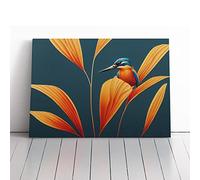 Kingfisher Art Deco Teal, Orange, Blue | Canvas Wall Art Print | Framed & Ready to Hang Picture | Modern Home Decor for Living Room, Bedroom, Kitchen or Office | 24x16 Inches