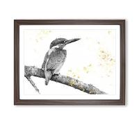 Kingfisher Bird On A Branch Painting Modern Art Framed Print | A2 Walnut Framed Wall Art | Ready to Hang | Modern Historical Picture | Living Room Bedroom Lounge Office