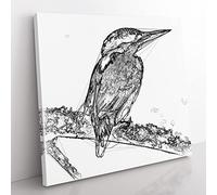 Kingfisher Bird on a Branch Sketch Modern Canvas Wall Art Print Ready to Hang, Framed Picture for Living Room Bedroom Home Office Décor, 35x35 cm (14x14 Inch)