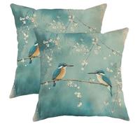 Kingfisher Bird Pillow Covers Set of 2, Blue and Orange Decorative Cushion Cases, Spring Floral Nature Throw Pillow Covers for Home Couch Sofa Bed, Vintage Chic Decor 16x16 Inch