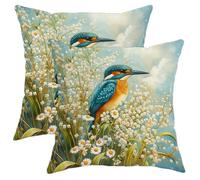 Kingfisher Bird Pillow Covers Set of 2, Blue Spring Floral Throw Pillow Cases, Nature Decorative Cushion Covers for Home Sofa Bedding Couch Decor 16x16 Inch