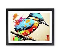 Kingfisher Bird Splashed Abstract WHT Framed Wall Art Print A2 Black