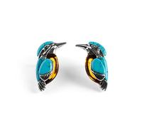 Kingfisher Bird Stud Earrings in Sterling Silver, Baltic Amber and Turquoise, Bird Watcher Gift