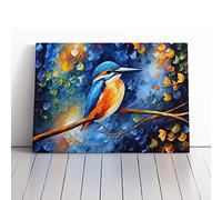 Kingfisher Bird Vol.3 Abstract Blue, Blue, Orange | Canvas Wall Art Print | Framed & Ready to Hang Picture | Modern Home Decor for Living Room, Bedroom, Kitchen or Office | 24x16 Inches